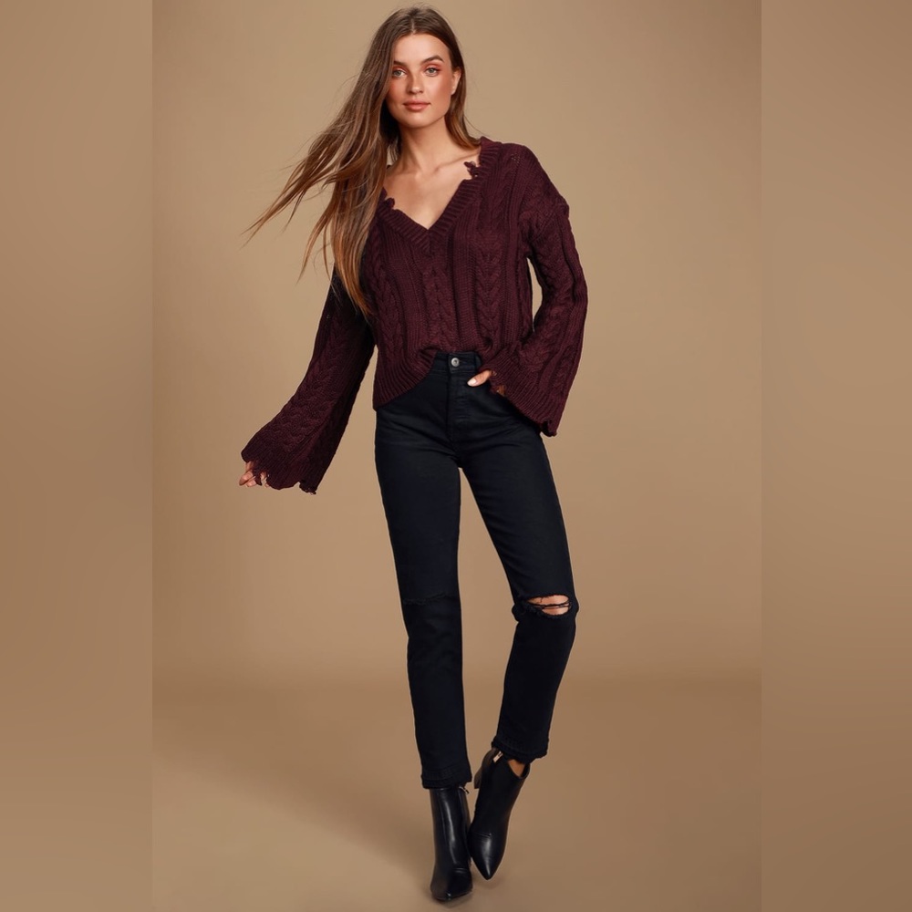 Amilia Burgundy Cable Knit Distressed Sweater